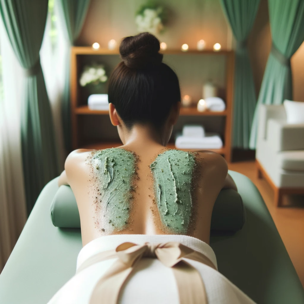 DALL·E 2023-10-06 23.36.55 - Photo of a woman lying face down on a spa treatment table, her back exposed and showing traces of a light green scrub from the vital forest partial bo